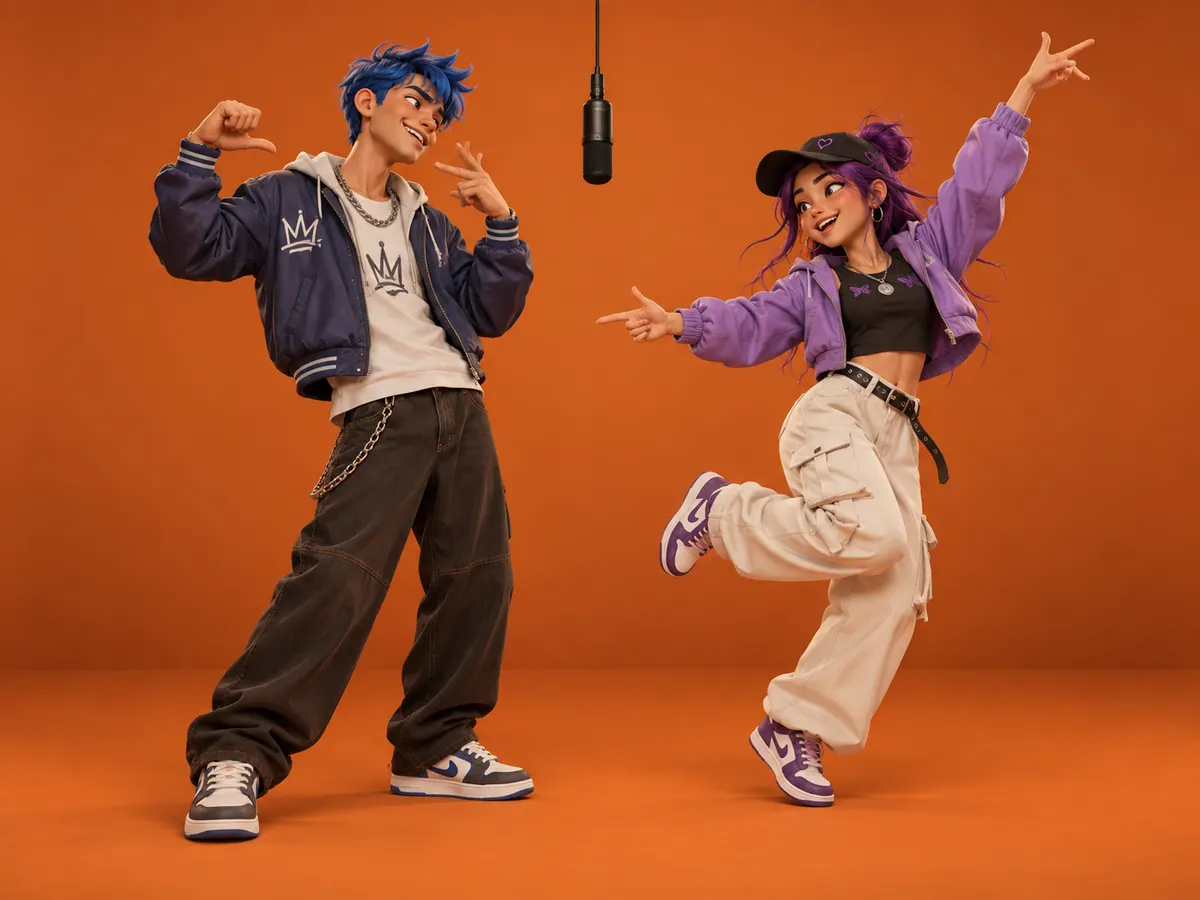 Two animated characters, one with blue hair and one with purple hair, striking poses on either side of a hanging microphone on an orange set